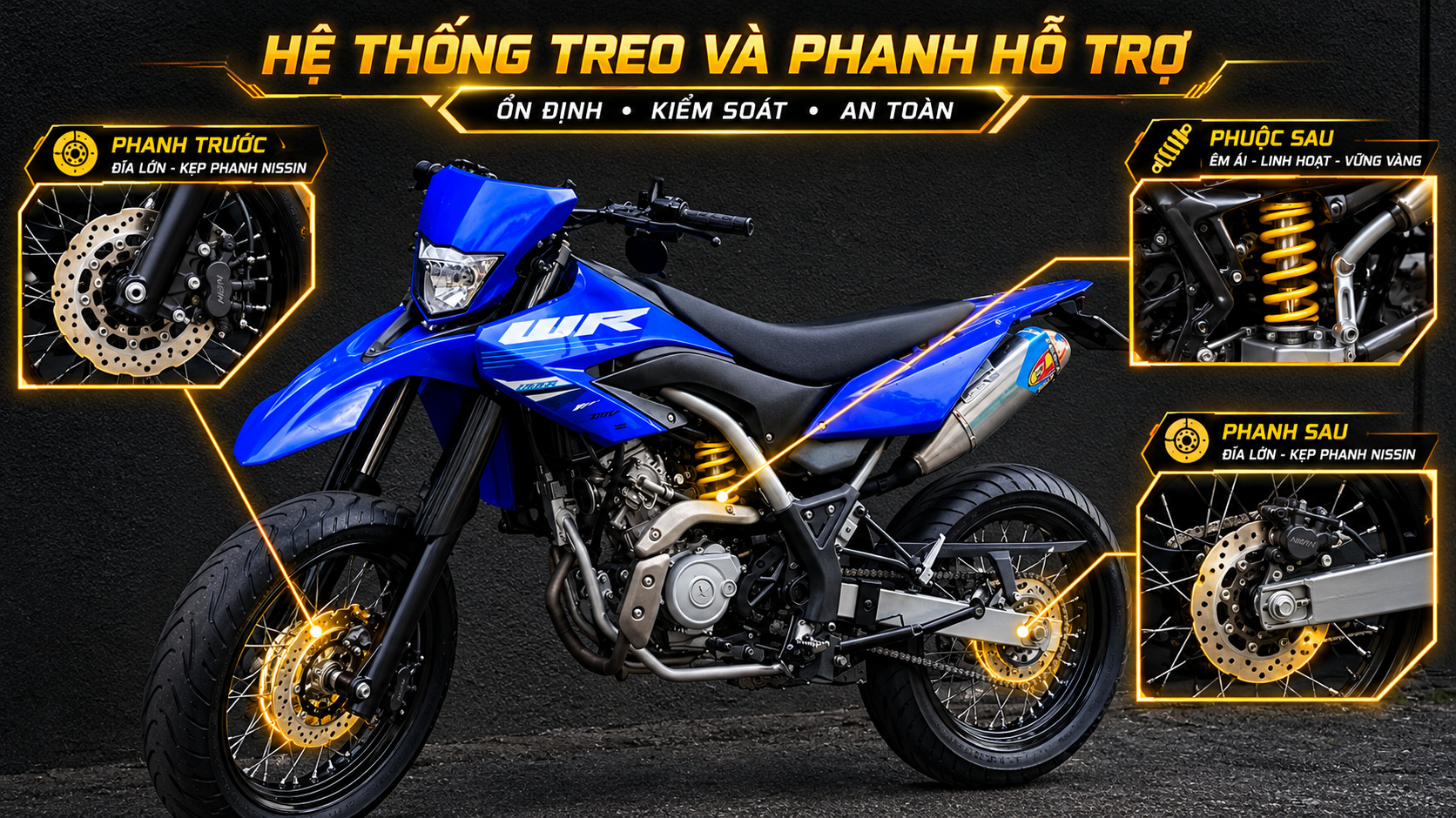 He-thong-treo-va-phanh-ho-tro-Yamaha-WR155R-2026-van-hanh-tren-dia-hinh-go-ghe